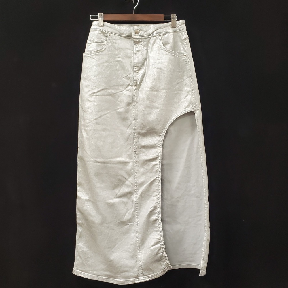 Pilcro Anthropologie Cutout Midi Skirt Size 8 Edgy Metallic Denim Slit Concert
